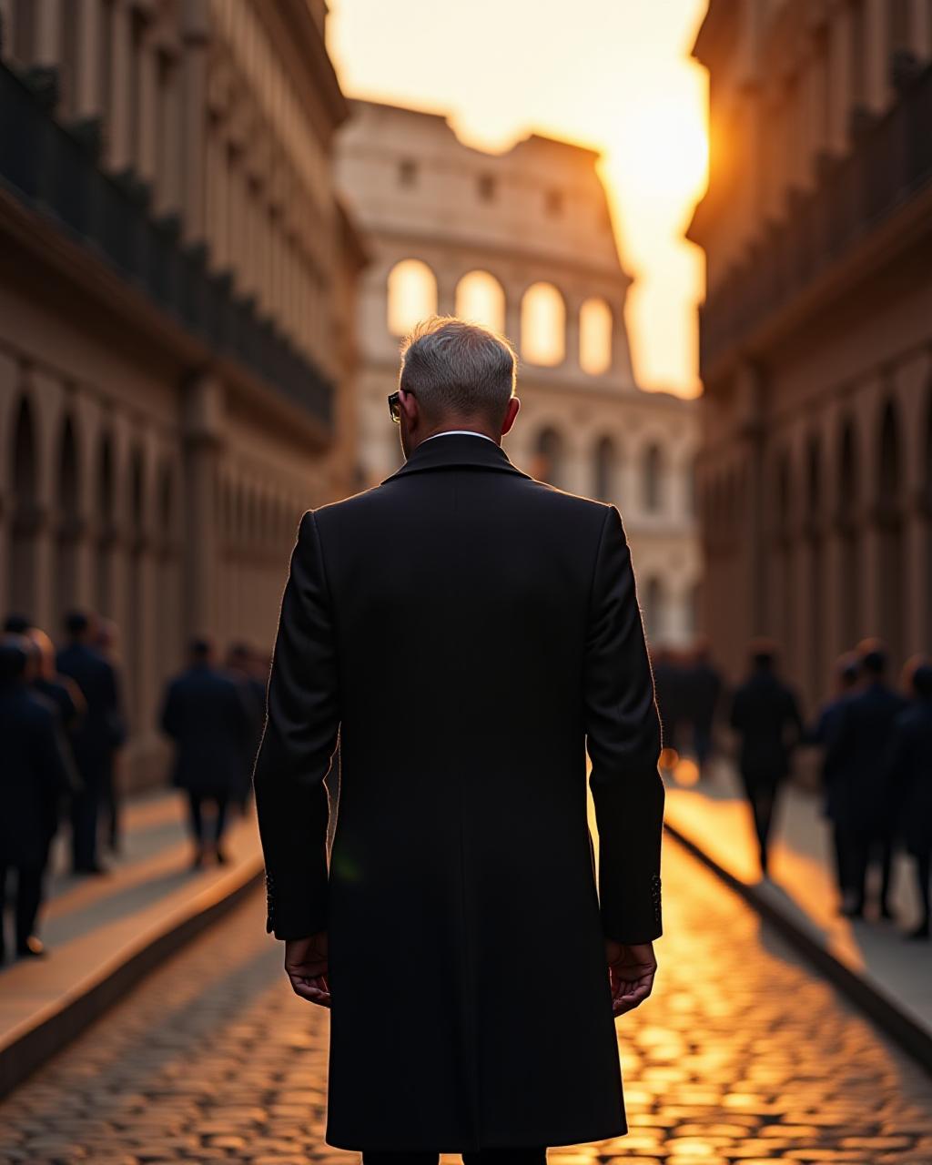 Modello che indossa un cappotto di cashmere scuro nelle strade di Roma